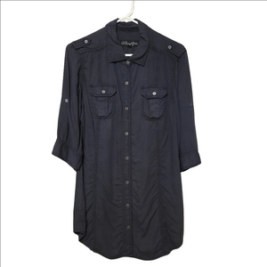 Blossom Shirt Dress Navy Blue Dark Wash Denim Chambray Button Down 3/4 Sleeves